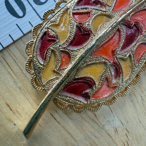 Vintage Gold-Tone Enamel Leaf Brooch With Intricate Red Orange & Yellow Design - Picture 7 of 9